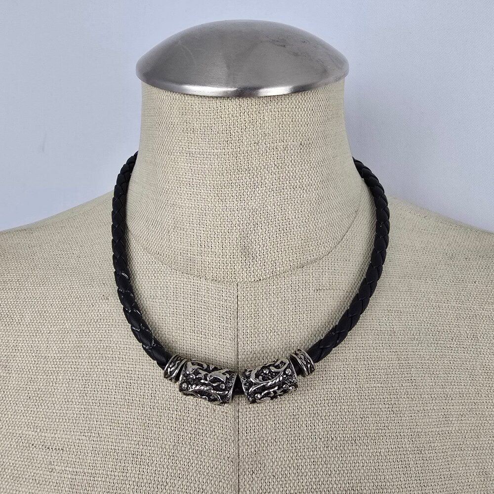 Braided Leather Necklace Silver Tone Tribal Pendant Chunky Statement Cord
